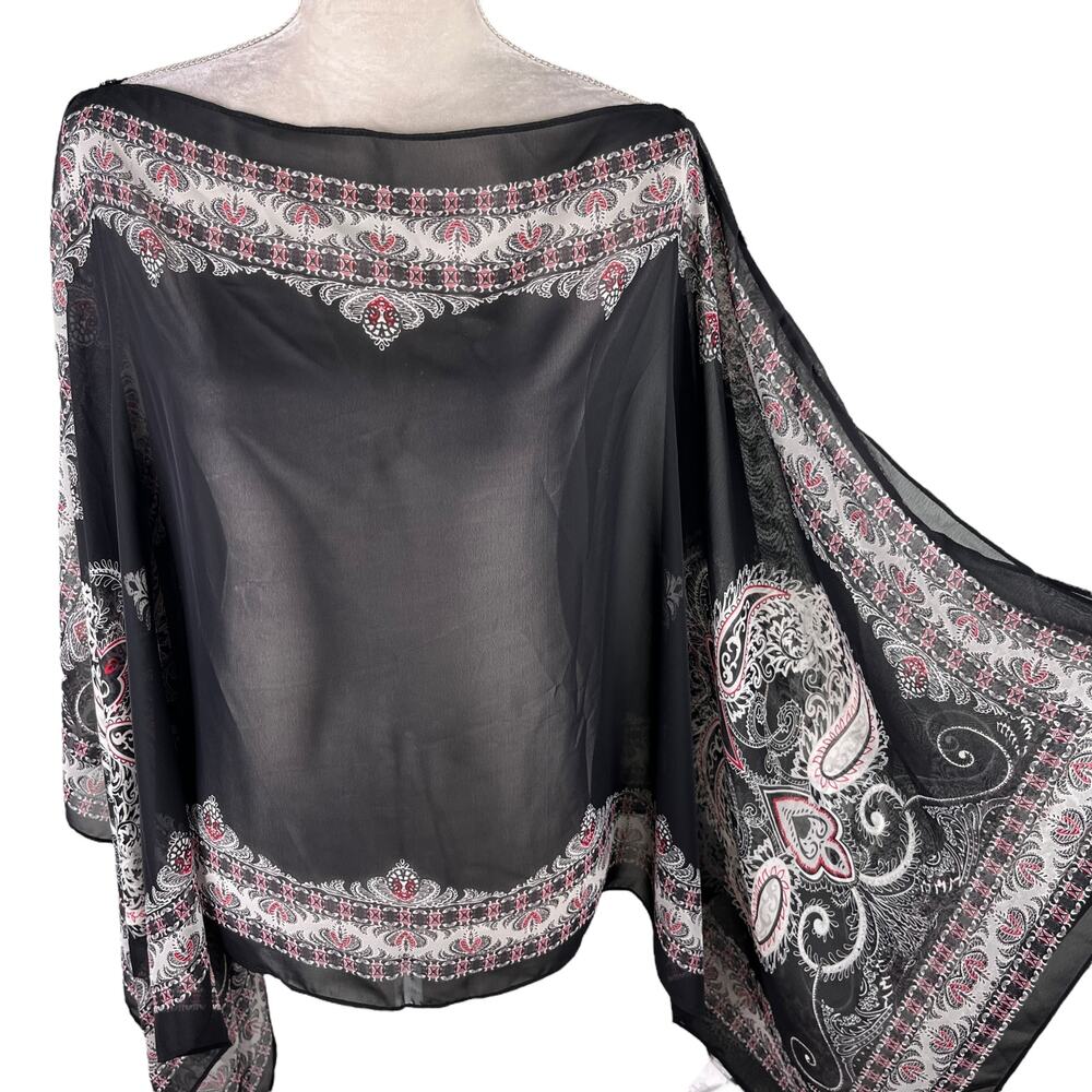 J Jill Poncho Two Way Semi Sheer Chiffon Multicolor Black Boho OS - Picture 4 of 16